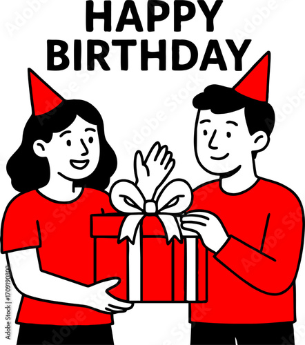 hand drawn style  Flat vector design ilustration couple with gift box celebrating birthday