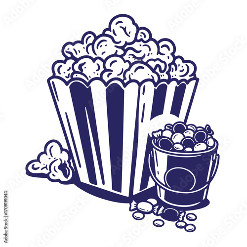 Vector illustration of a popcorn bucket candy bucket and candies isolated on white background
