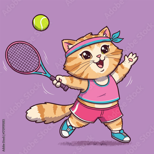 A lively orange-striped cat in a pink tennis outfit swings a racket toward a green ball, smiling brightly against a solid purple background.