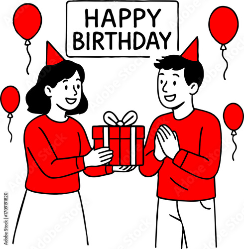 hand drawn style  Flat vector design ilustration couple with gift box celebrating birthday