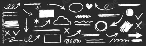 Chalk scribble arrow, line brush set. Crayon arrow, underline, handwritten mark check elements. Vector hand drawn scribble crayon, marker sketch brush texture. Rough chalk vector illustration

