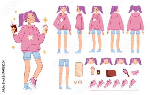 Teenage girl, blogger wearing korean hoodie and drinking bubble tea. Character constructor for animation. Front, side and back view set. Body parts, postures, poses collection. Vector illustration. 