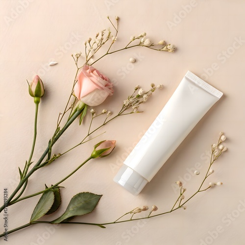 Beauty Product with Bud on Pale Beige. Product resting on pale beige background with single floral bud—serene and simple composition.