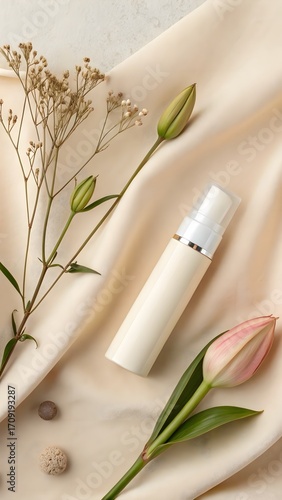 Beauty Product with Bud on Pale Beige. Product resting on pale beige background with single floral bud—serene and simple composition.