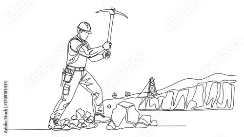 Continuous One-Line Quarryman Working Illustration, Black Line Art Vector of Miner, Stone Cutter, and Construction Worker in Minimalist Style