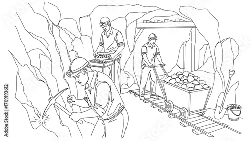 Continuous One-Line Illustration of Three Men Working in a Mine, Black Line Art Vector of Miners, Industrial Labor, and Mining Workers in Minimalist Style