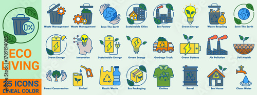 Eco Living icon set in lineal color style. Featuring green energy, recycling, zero waste, sustainable cities, eco factory, clean water, soil health, forest conservation, and environmental protection.