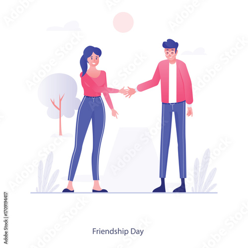 Vector elements of the office environment A man and a woman shaking hands outdoors, with a tree and some plants in the background
