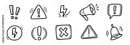 Doodle attention sign icon set. Hand drawn caution signs, warning marks and alert sketch symbols designed to exclamation sign, error or important attention icon doodle. Vector illustration