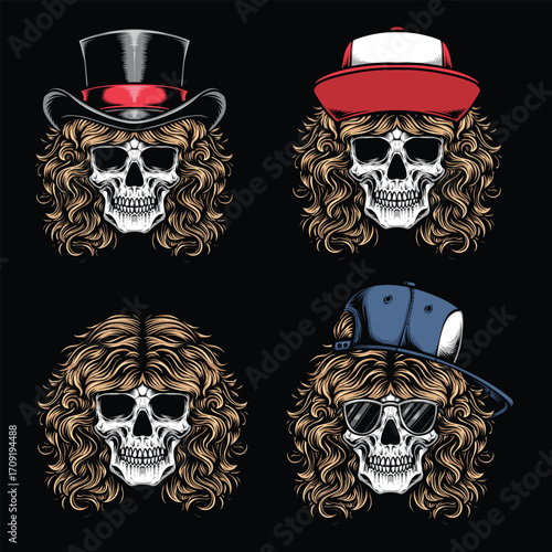 blonde hair skull with various hat