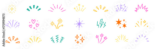 Star background confetti set. Hand drawn doodle star shapes and birthday confetti with cute sparkle, holiday twinkle brush elements, and glowing cartoon kid pattern. Vector illustration