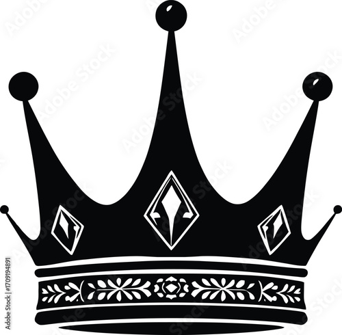 Black and White Vector Crown with Diamond Details
