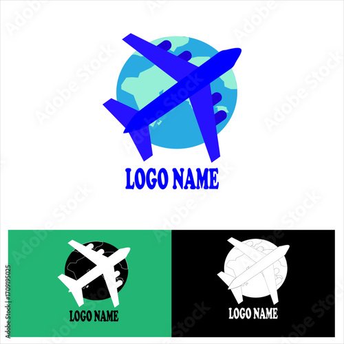 Dynamic global travel and aviation logo concept featuring a sleek airplane orbiting a stylized world, representing worldwide connections, transport, and adventure opportunities for modern businesses