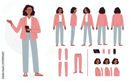 Casual business woman character constructor for animation. Front, side and back view set. Body parts, postures, poses collection. Vector illustration. 
