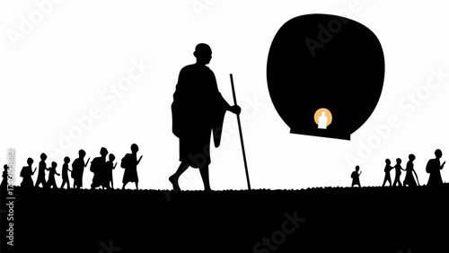 Silhouette of a man with a staff leading a group of people with a lantern floating in the background