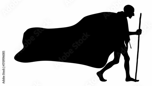 Silhouette of a man walking with a cloak and a cane in black and white simple illustration style