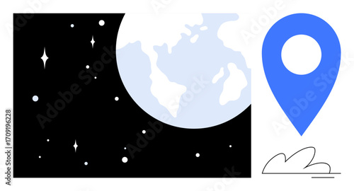 Earth in space surrounded by stars with a prominent blue location pin and minimal cloud accent. Ideal for travel, navigation, exploration, global reach, geography, technology, future. Minimalist flat