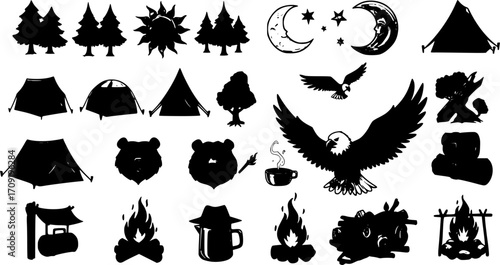 Illustration of camping elements including tents, trees, moon, sun, bear, eagle, and campfire icons |eps vectors
