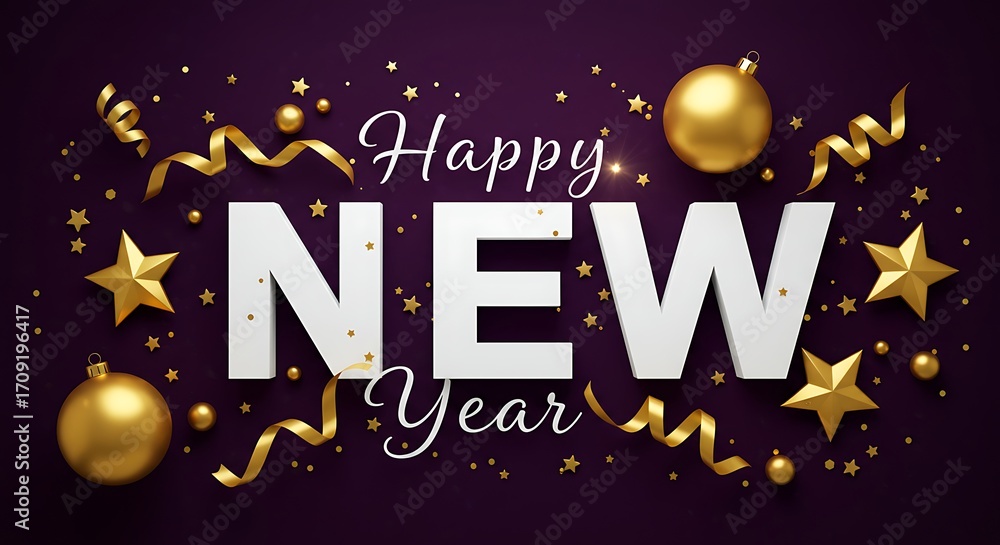 Fototapeta premium Elegant Happy New Year Celebration with Golden Decorations on Purple Background