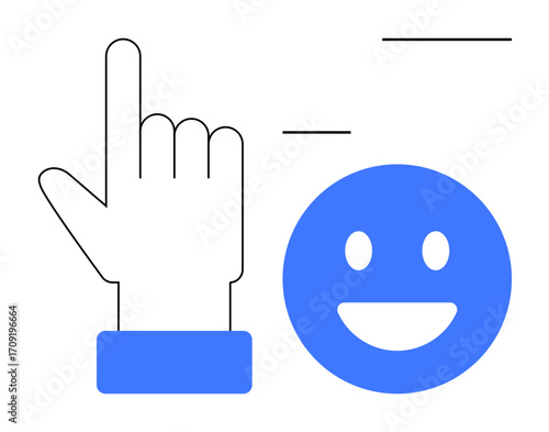 Hand performing click gesture alongside a blue happy face conveying joy and confirmation. Ideal for user experience, feedback, app design, communication, approval, engagement, simple landing page