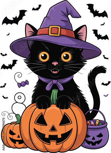 Adorable black cat wearing a purple witch hat sitting on a jack o lantern pumpkin