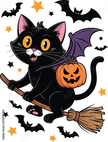 Cute black cat with bat wings riding a broomstick with a jack o lantern