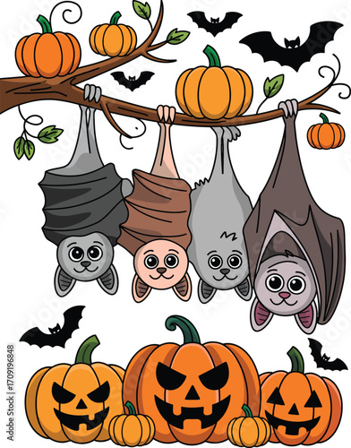 Cute cartoon bats hanging upside down from a tree branch with pumpkins below