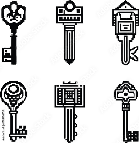 A monochrome vector illustration of a set of vintage-style keys with ornate keychains, featuring intricate patterns and decorative elements
