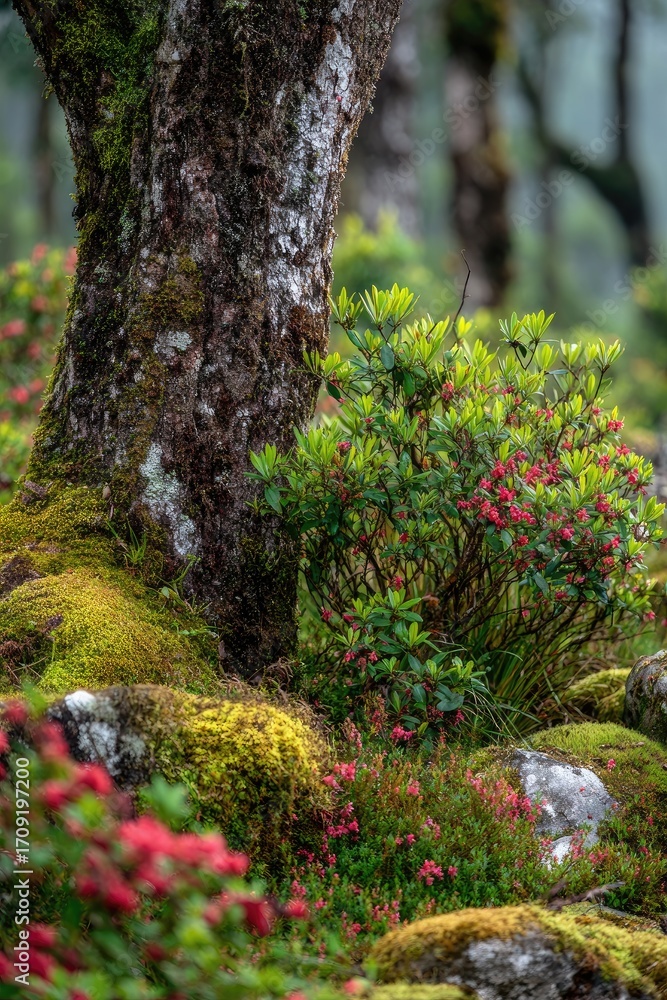 Naklejka premium Moss-covered forest floor with vibrant flowers