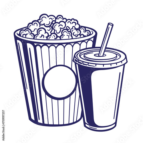 Classic popcorn bucket and drink cup outline illustration for cinema movie night entertainment