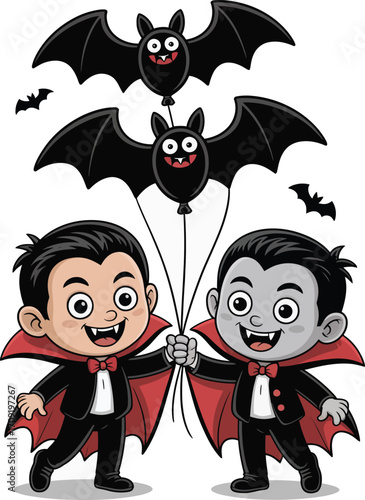 Cute cartoon vampires holding halloween bat balloons on white background
