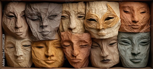Close-up of many intricate, sculpted faces, in shades of muted earth tones