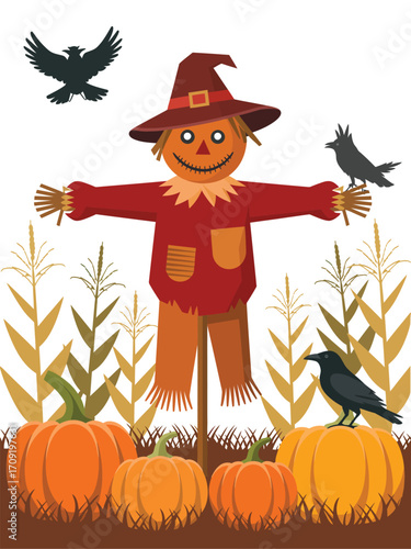 Friendly scarecrow with crows and pumpkins in a cornfield at autumn harvest time
