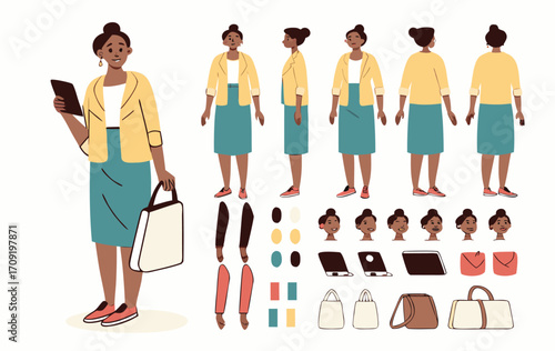 Casual business woman holding smartphone. Character constructor for animation. Front, side and back view set. Body parts, postures, poses collection. Vector illustration. 