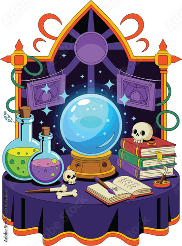 Mysterious fortune teller s table with crystal ball potions books and skull
