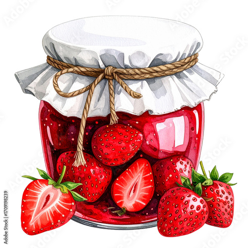 Strawberry Jam Delights Isolated On White Background: An appealing watercolor image showcases a jar brimming with delicious strawberry jam, next to fresh strawberries. 