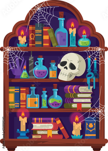 Mysterious wooden bookshelf filled with spooky halloween potions books candles and skull