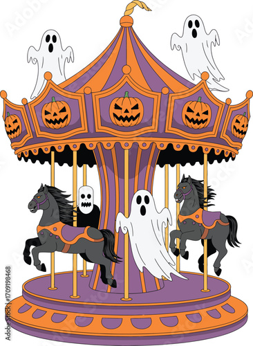 Spooky halloween carousel with ghosts and pumpkins on a festive carnival ride
