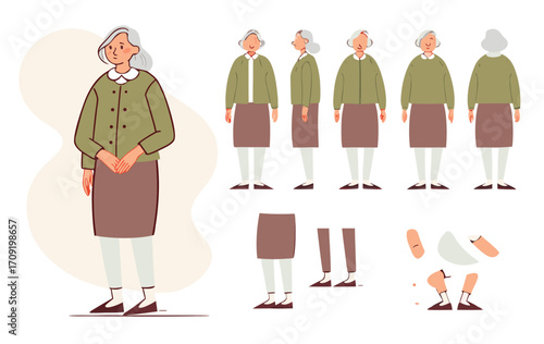 Elderly woman character constructor for animation. Front, side and back view set. Body parts, postures, poses collection. Vector illustration. 
