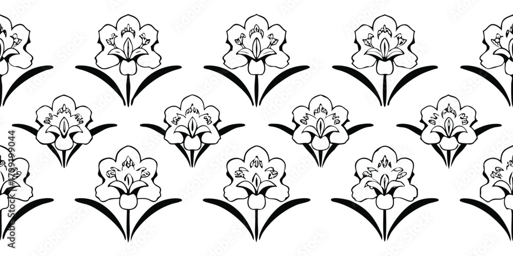 Stylized floral pattern with repeating blossoms and leaves black and white illustration
