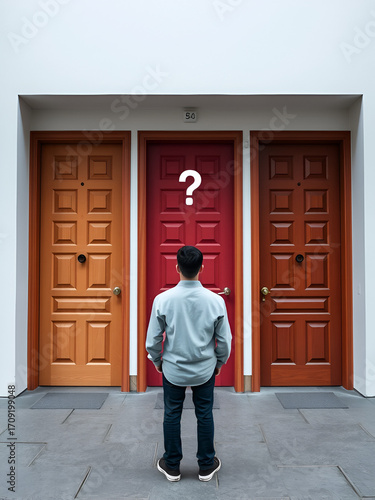 A person standing in front of three doors thinking about which one to choose