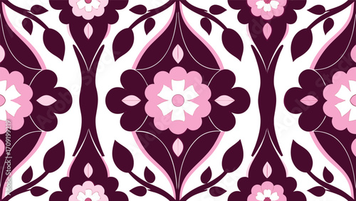 Floral motif with plum pink and white petals and leaves vector