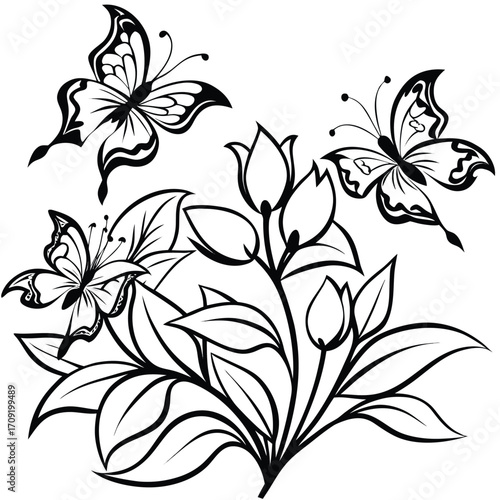 Delicate butterflies gracefully flutter around blooming flowers and leaves butterfly floral
