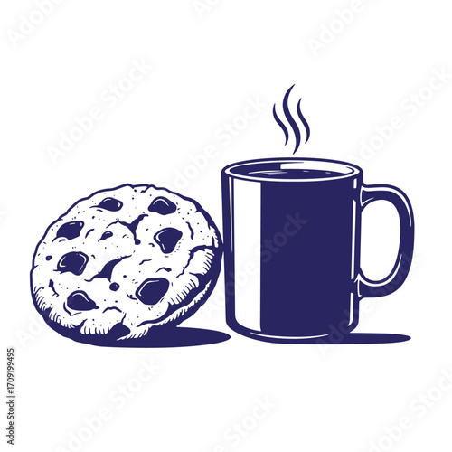 Delicious chocolate chip cookie next to a steaming coffee mug isolated on white