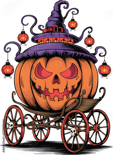 Spooky halloween jack o lantern pumpkin carriage with witch hat and ornaments