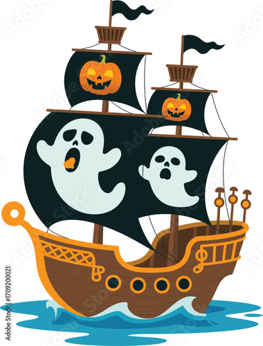 Spooky halloween pirate ship sailing on the ocean with ghost sails and pumpkin lanterns