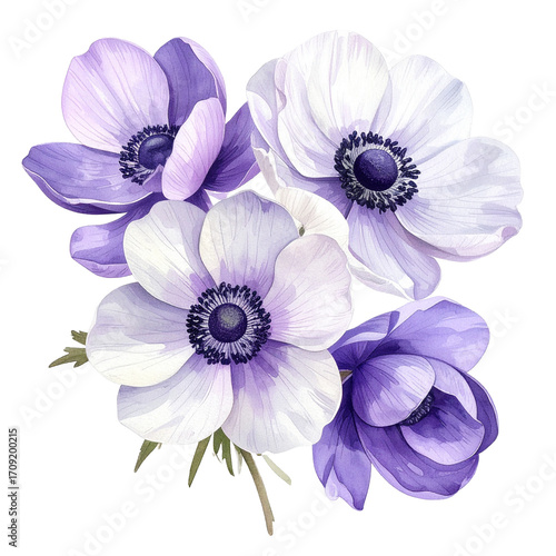 Elegant Anemone Bloom Isolated On White Background: A beautiful floral arrangement showcasing anemone blooms in a mix of delicate lavender and pristine white hues. 