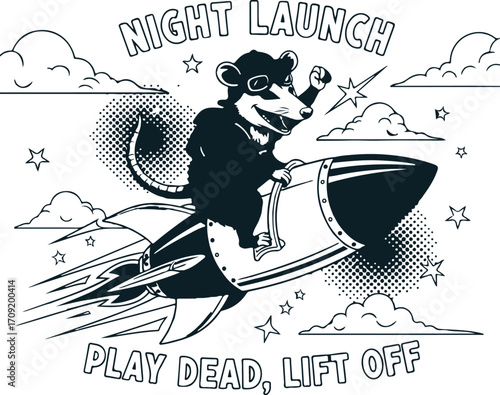 Rocket-Riding Possum Illustration – Night Launch Cartoon with Hoodie, Sunglasses, and Play Dead Lift Off Text