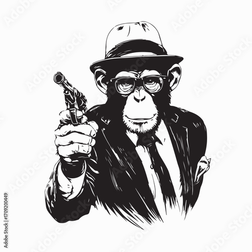 Elegant Monkey in Suit Holding Weapon Vector Image on white background