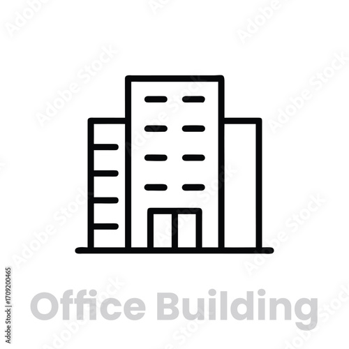 Modern office building icon vector — sleek business high‑rise, corporate headquarters symbol, flat design for real estate, city skyline, office administration UI / web / app graphic